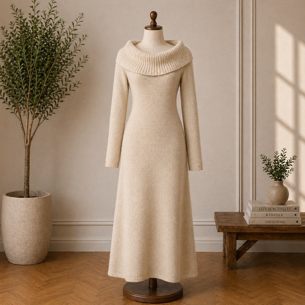 NWT Moon River Oatmeal Knit Off The Shoulder Cowl Neck Maxi Dress XS MR9008